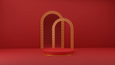 Gong xi fa cai mutlu Çin Yeni Yılı boş kaide gösterimi kemer kapaklı arka plan, 3 boyutlu grafiksel tasarım geometrik çizim 