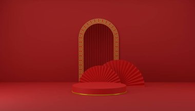 Gong xi fa cai mutlu Çin Yeni Yıl boş kaide vitrini kağıt fan ve kemer kapaklı arka plan, grafik tasarım geometrik çizim 