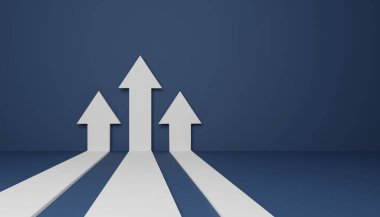 Yükselen üç düz ok, iş hedefi erişimi veya başarılı yatırım konsepti, üç boyutlu resimleme