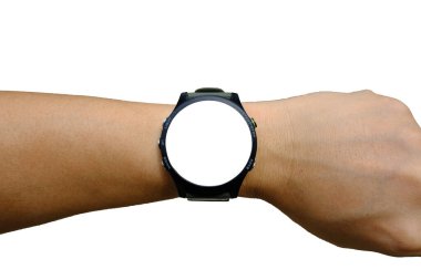 İzole edilmiş, boş, yuvarlak suratlı, beyaz arka planda GPS çoklu spor dijital akıllı saat. 