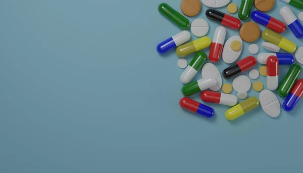 Pile Pilules Médecine Antibiotiques Sur Fond Bleu Santé Médecine Concept — Photo