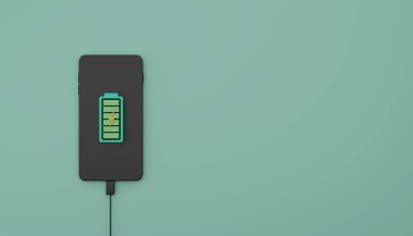 Ekranda 3B resimleme üzerine pil göstergesi simgesi yüklü akıllı telefon şarjı