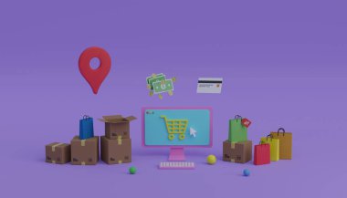 Dağıtım servisi 3D resimleme ile bilgisayar ekranında çevrimiçi alışveriş uygulaması