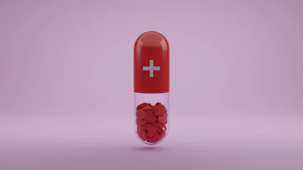 Love can heal conceptual capsule medicine pill transparent with internal red heart shape 3D rendering illustration