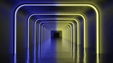 Işıklandırılmış karanlık koridor iç tasarım tüneli fütüristik gradyan bilim kurgu neonu parlayan 3D ışık yansıması