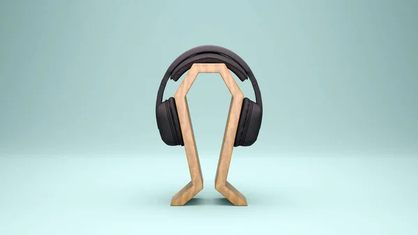 Headphone Wood Display Stand Hanger Holder Head Set Earphone 렌더링 — 스톡 사진