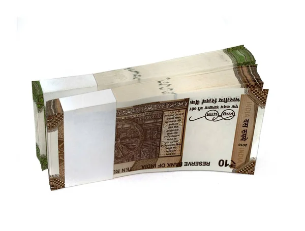 Indiai 10Rs 20Rs Valuta Bankjegy Kötegek Elszigetelt Fehér — Stock Fotó