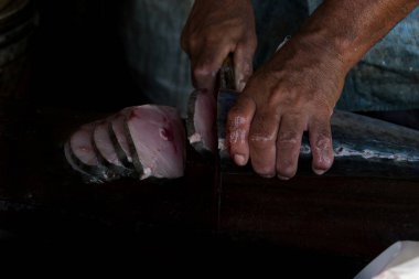 Hindistan, Mangalore 'da Kral uskumru balığını dilimleyen insan eli.