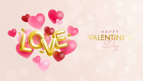 Happy Valentine Day Banner Golden Love Alphabet Heart Shaped Balloons — стоковый вектор