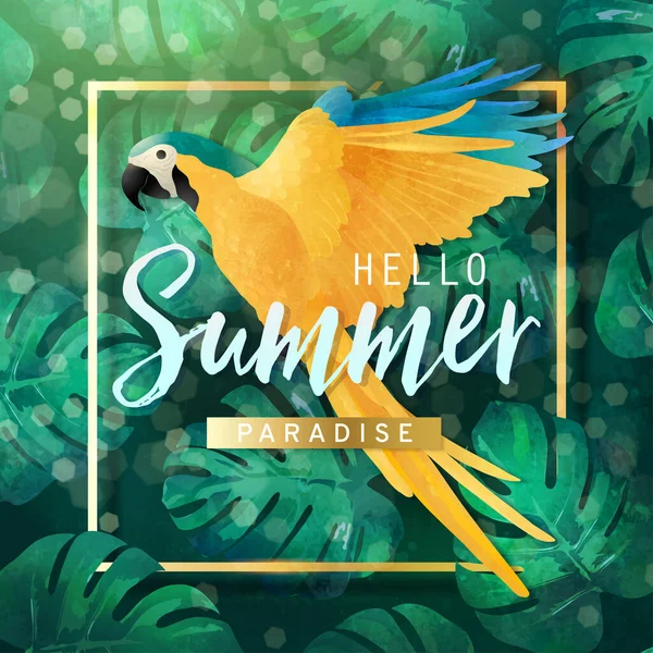 黄金のフレームとハロー夏の楽園テキストデザインで飾られた熱帯の葉の背景に青と黄色のマコーのベクトルイラスト — ストックベクタ