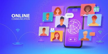 Video konferans uygulaması pankartı ile sanal online iletişim. Çevrimiçi kablosuz ağ üzerinden iş arkadaşlarıyla akıllı telefon sohbeti yapmak