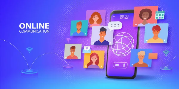 Virtuele Online Communicatie Videoconferentie App Banner Smartphonechatten Met Collega Draadloos — Stockvector