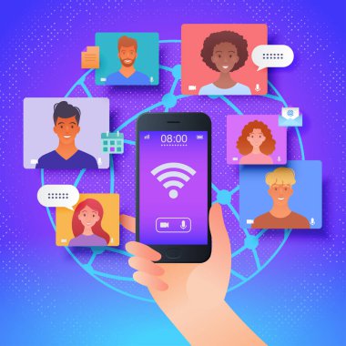 Mobil uygulama platformu illüstrasyonuyla sanal çevrimiçi iletişim. Çevrimiçi kablosuz ağ üzerinden iş arkadaşlarıyla akıllı telefon sohbeti yapmak