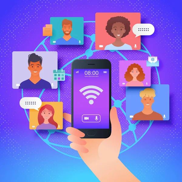 Comunicazione Virtuale Online Tramite App Mobile Illustrazione Della Piattaforma Utilizzando — Vettoriale Stock