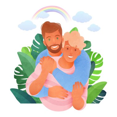 Mutlu LGBTQ çift vektör illüstrasyonları. Eşcinsel erkekler izole edilmiş beyaz arka planda parkta sarılıyorlar.