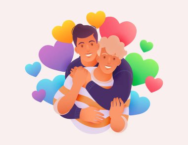 Mutlu genç LGBTQ çift vektör illüstrasyonu. Eşcinsel erkekler gökkuşağı renkli kalplerle sarılıyorlar.