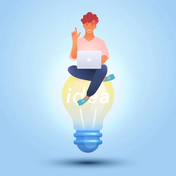 アイデアの概念ベクトル図男とノートパソコンを使用して輝くと電球の高さに座って — ストックベクタ