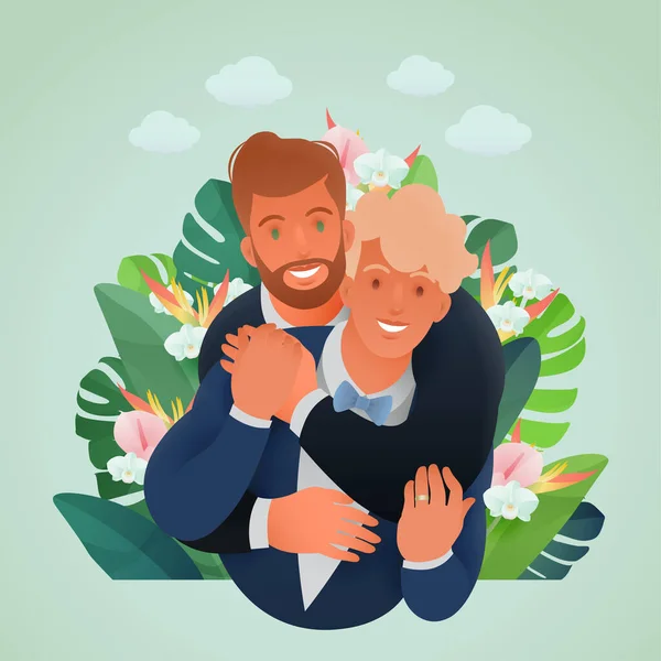 Lgbtqカップルベクトルイラストの多様な結婚式 緑の熱帯配置の背景に新郎の肖像画 — ストックベクタ