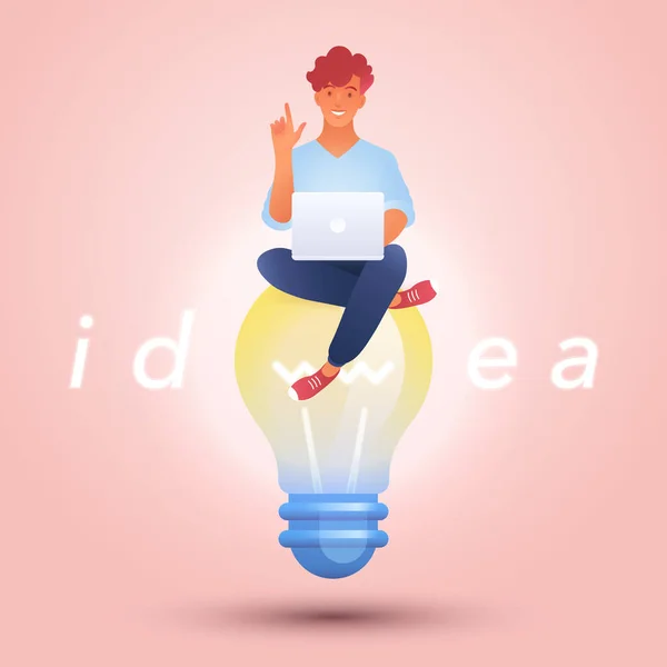 ピンクを背景に光る電球に座ってノートパソコンを使っている男 アイデアと教育の概念 ベクターイラスト — ストックベクタ