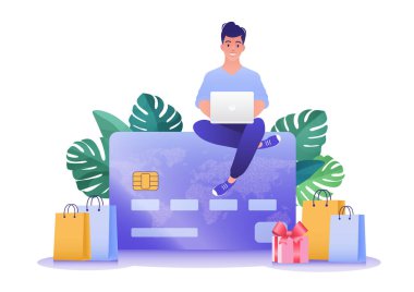 Beyaz arka planda izole edilmiş bir kredi kartı alışverişinin üzerinde bilgisayarlı dizüstü bilgisayar kullanan bir adamın vektör düz çizimi. Kredi kartı veya temassız ödeme konsepti.