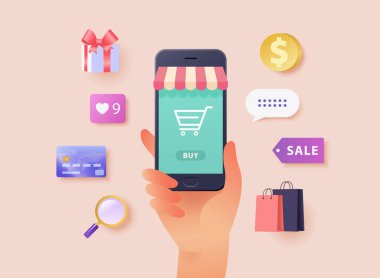 Müşteri erişimi akıllı telefon uygulaması üzerinden online alışveriş. Çevrimiçi alışveriş kavramı vektör illüstrasyonuName.