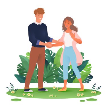 Beyaz arka planda izole bir şekilde el sıkışan gündelik kıyafetlerle çalışan kadın ve erkek. Vektör konsepti çizimi.