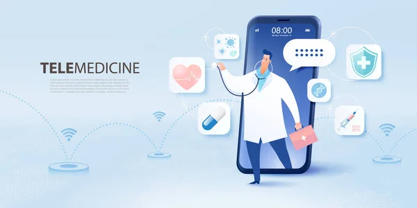 Telemedizinisches Konzept Arztbesuche Mittels Online Technologie Smartphone Mit Flacher Cartoon — Stockvektor