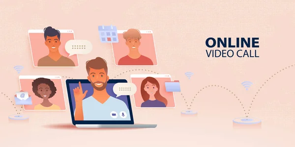 Online Video Conference Banner Χρήση Φορητού Υπολογιστή Που Συνδέεται Ανθρώπους — Διανυσματικό Αρχείο