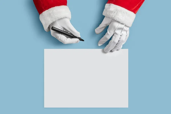 Top View Santa Claus Hands Writing List Goals Blank Paper — Stock Photo, Image