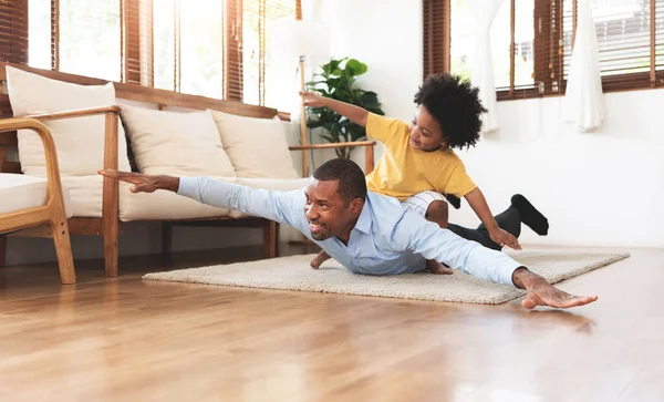 Joyful African American Father Little Son Playing Aeroplane Floor Together — Stock Photo, Image