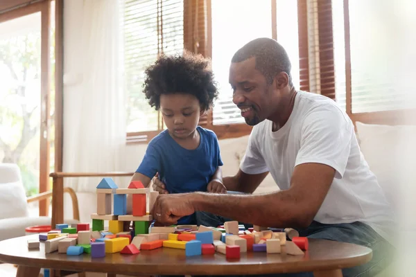 Brazilian Father His Little Son Playing Building Tower Wooden Block — Stock Photo, Image