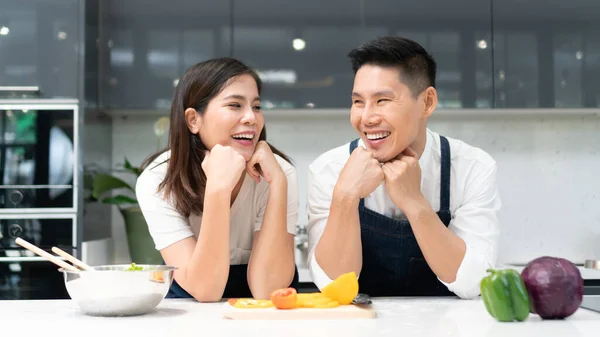 Amare Asiatico Giovane Coppia Sorridente Cucina Casa — Foto Stock