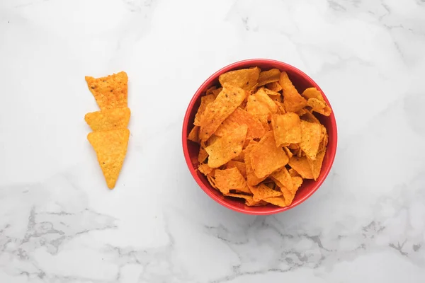 Flatlay Local Spicy Nachos Marble Table — Stock Photo, Image