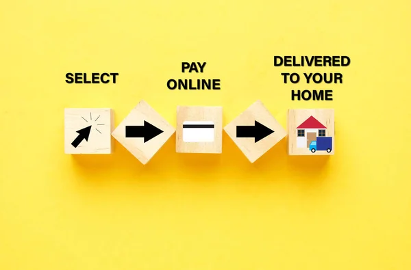 Covid-19 konsepti sırasında online ürün satın al. Sadece tıklayın, internetten ödeyin ve bir kısmı ahşap bloktaki illüstrasyonunuza teslim edilecek..