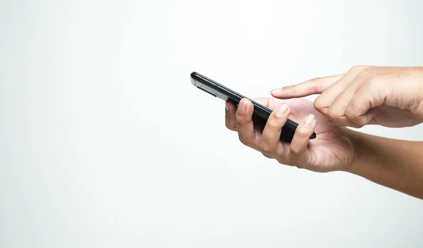 Mano Sosteniendo Teléfono Inteligente Sobre Fondo Blanco — Foto de Stock