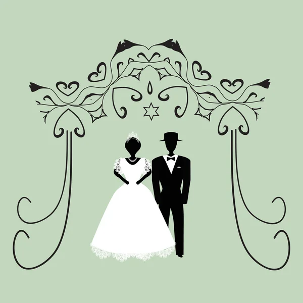 Grafica vintage Chuppah. Baldacchino religioso ebraico per il matrimonio. Sposa e sposo. Piatto. Illustrazione vettoriale su sfondo isolato — Vettoriale Stock