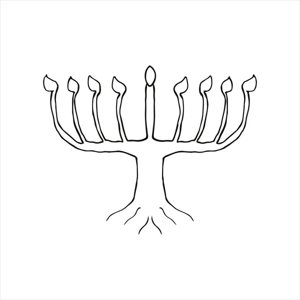 Chanukiah silhueta preta na forma de uma árvore com raízes. Férias judaicas de Hanukkah. Dudling Hanukkah. Ilustração vetorial sobre fundo isolado. — Vetor de Stock