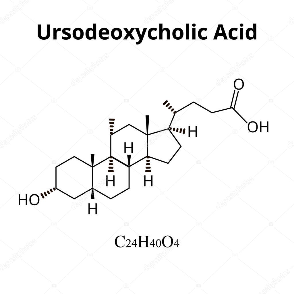 Ursodeoxycholic acid. Chemical molecular formula of bile acids. Vector illustration on isolated background