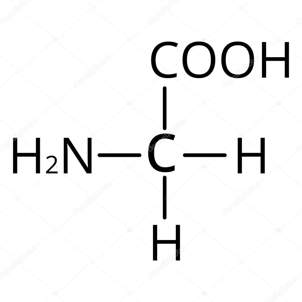 Amino acid Glycine. The chemical molecular formula of glycine is an amino acid. Vector illustration on isolated background