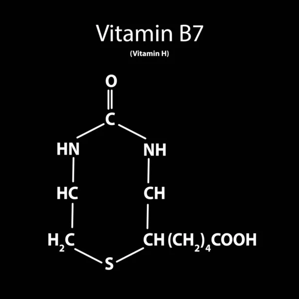 Vitamina B7. Fórmula química molecular de biotina. Infográficos. Ilustração vetorial sobre fundo preto. — Vetor de Stock