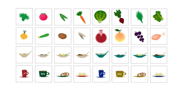 Conjunto de iconos con comida, verduras, frutas. Ilustración vectorial — Vector de stock