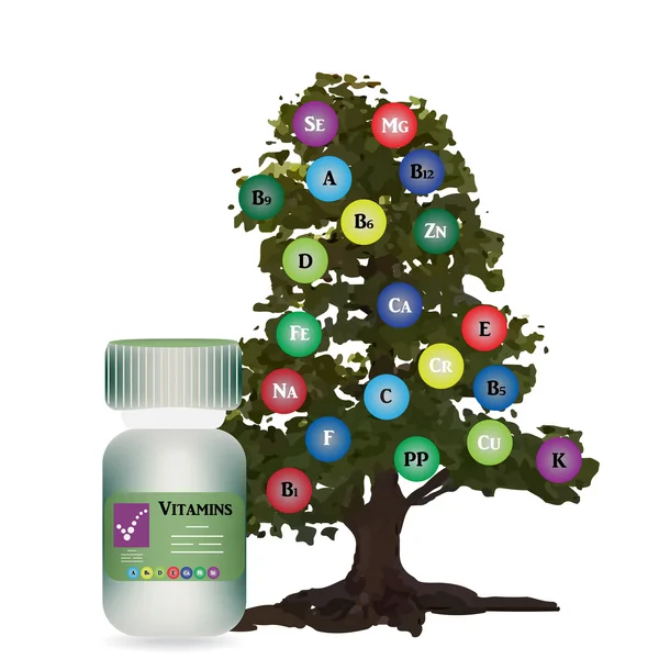 La botella sobre el fondo de madera con oligoelementos y vitaminas — Vector de stock