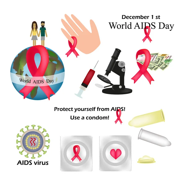 Set - Día Mundial del SIDA. Protéjase del SIDA. Usa un condón. El virus del VIH. La prueba del VIH. Infografías. Cinta roja . — Vector de stock