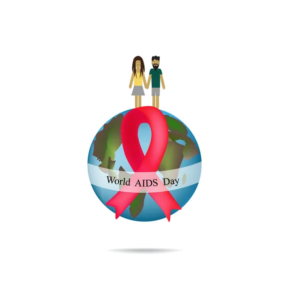 Journée mondiale du sida. Globe avec ruban rouge. Homme et femme se tenant la main. Illustration vectorielle — Image vectorielle