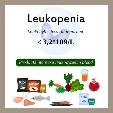 Lökopeni. Kanda lökosit azaltılmış sayısı. Ürünleri beyaz kan hücreleri artırın. Vektör çizim