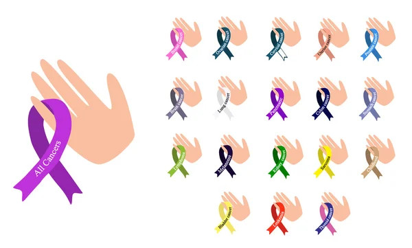 Cinta de cáncer. Conjunto de cintas de diferentes colores contra el cáncer. Día Internacional del Cáncer. Día mundial del cáncer . — Archivo Imágenes Vectoriales