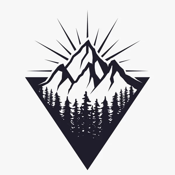 Montanhas Logotipo Crachá Modelo Design Etiquetas Com Pico Montanha Silhueta —  Vetores de Stock