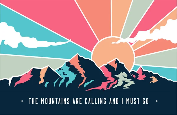 Vintage styled mountains landscape with mountains peaks and retro colored sky with clouds. Vector illustration