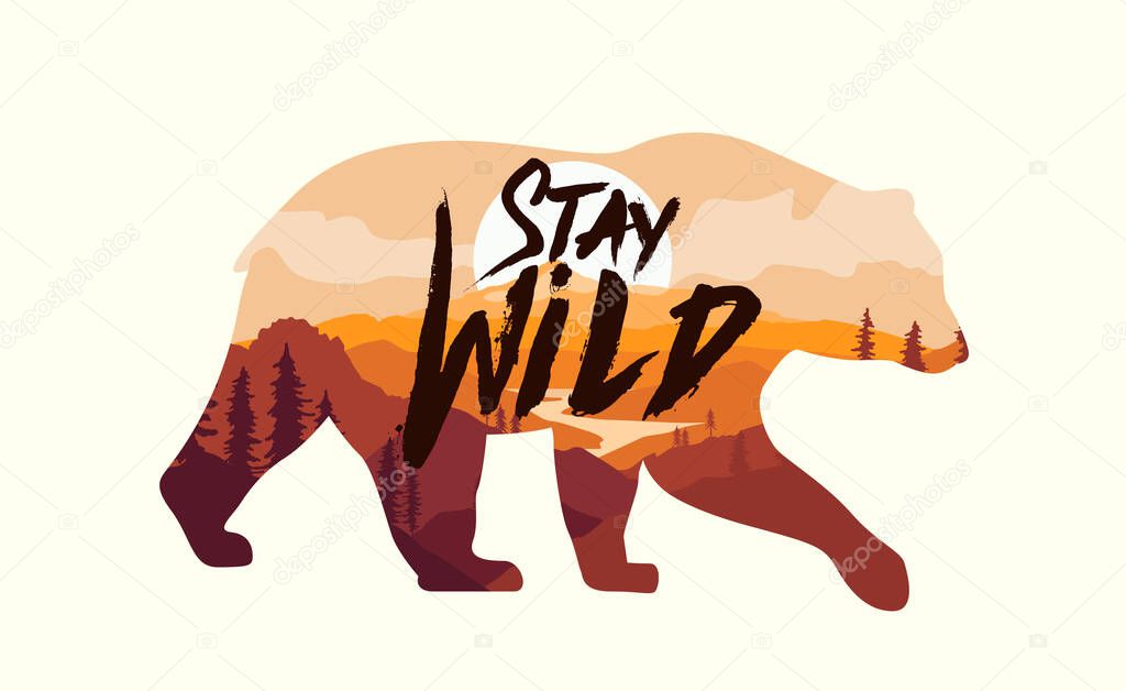 Bear silhouette with double exposure effect with mountains landscape and Stay Wild caption. Sticker or badge or logo design template. Isolated on white background. Vector illustration