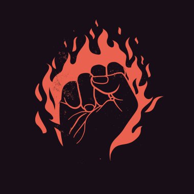 Kırmızı ateşte yumruğunu kaldır. Dövüş kulübü, protesto logosu, amblem ya da rozet tasarım şablonu siyah arka planda izole edilmiş. Vektör illüstrasyonu
